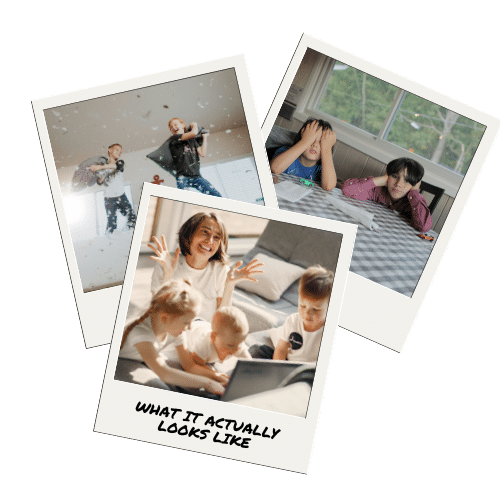 Three different polaroid images. The top left polaroid is a picture of two boys having a pillow fight. The top right polaroid is a picture of a boy with his hands over his eyes sitting next to a boy with his hands over his ears. The polaroid on the bottom is the image of a smiling woman sitting with a girl, a baby and a boy playing at a laptop.